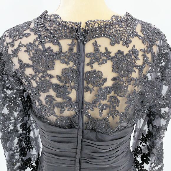 LA FEMME 30384 Ruched Twist Column Gown Size 12 Gunmetal Lace Net Jersey NWOT - Picture 10 of 12